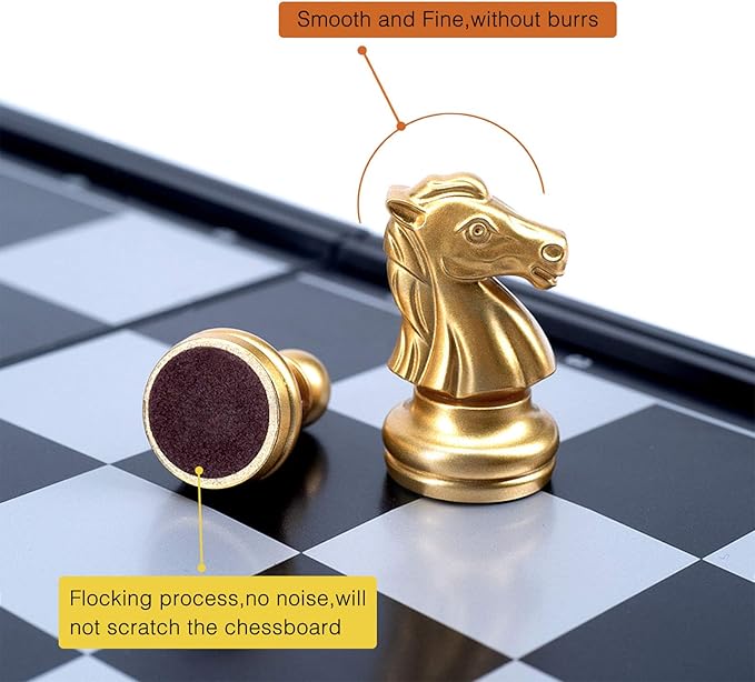 AMEROUS 10'' Magetic Travel Chess Set, Plastic Portable Folding Chess Board Game with Gold and Silver Chess Pieces - 2 Extra Queens - Chess for Beginner, Kids, Adults