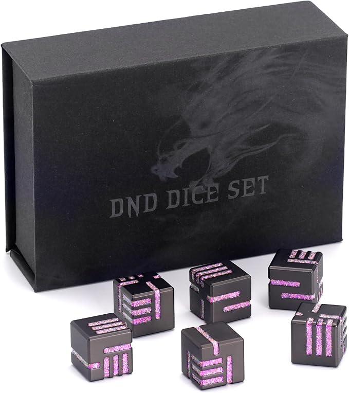 D6 Dice Set of 6 Pcs, 16mm Cool Fancy 6 Sided Dice, Metal D6 for DND, RPG, Dungeons and Dragons (Matte Black & Glitter Purple)