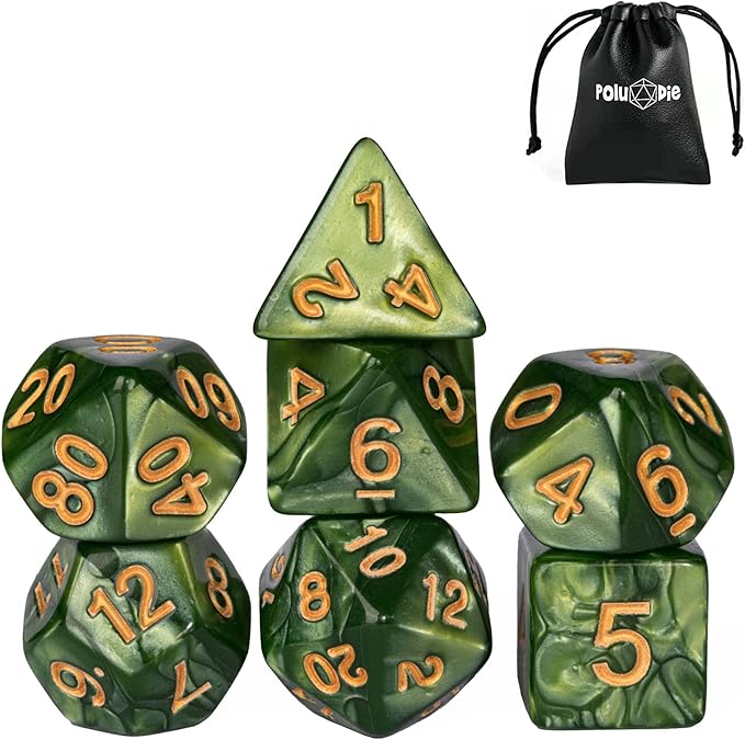 7-Die DND Dice Set Polyhedral Dice Set with a Leather Dice Bag, D&D Dice Set for Dungeons and Dragons, RPG, MTG Table Games (Green)