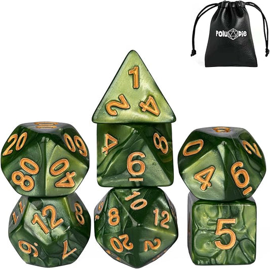 7-Die DND Dice Set Polyhedral Dice Set with a Leather Dice Bag, D&D Dice Set for Dungeons and Dragons, RPG, MTG Table Games (Green)