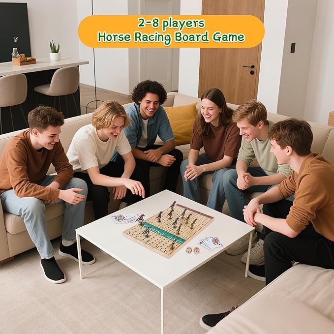 Horse Race Board Game – Thickened Wooden Chessboard with 11 Metal Horses, 2 Dice & 2 Card Decks, Family-Friendly Horse Racing Game for Kids, Adults, Friends & Strategy Game Nights