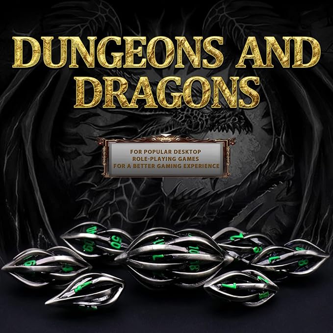 DND Dice Set for Dungeons and Dragons, Metal D&D Dice 7PS/Set, ZHOORQI Polyhedral Dices Set for Role Playing Game Gifts(Arcanum-Green)