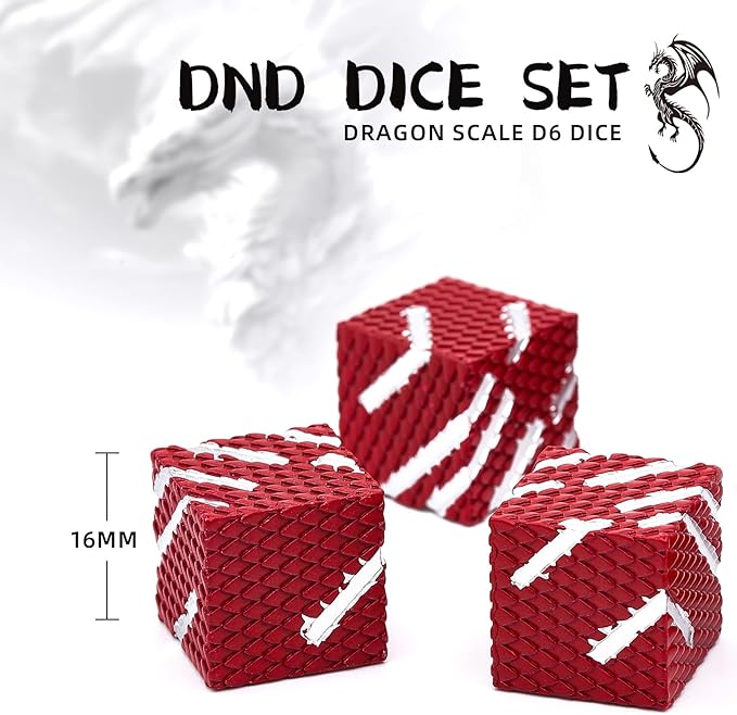 Metal Dice Set,16mm 6-Sided Unique Dice with Dragon Scale Design, for MTG DND Tenzi Farkle Yahtzee Bunco or Math Learning(Ls-Red White)
