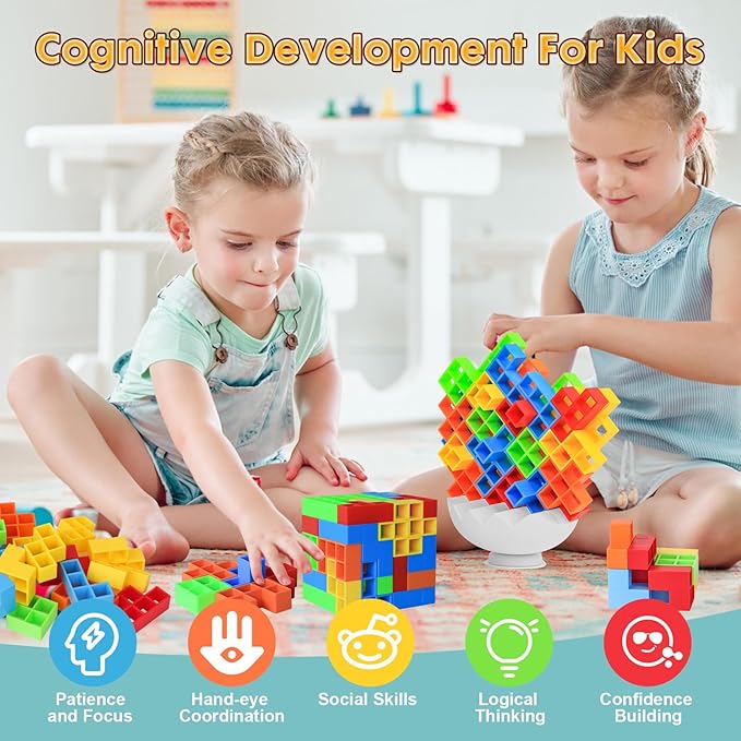 Tetra Tower Stack Game, Balance Stacking Blocks Board Games for Kids & Adults, Fun for Classroom, Dorm, Party (70pcs)