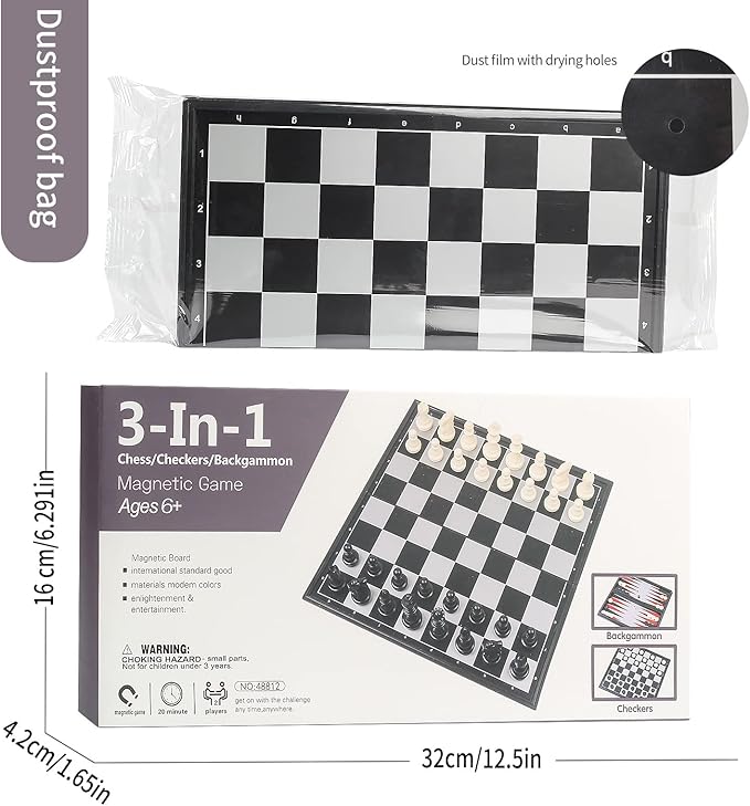 Andux Foldable Magnetic Three-in-One Board Game Set, Chess, Backgammon, Checkers (L, 32x32x2cm, 6+, 2 Players)