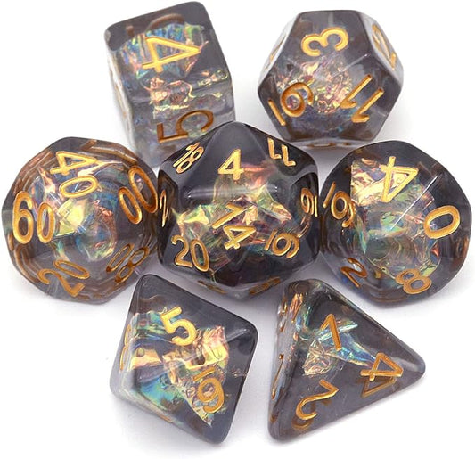 Haxtec Black DND Dice Set 7PCS Filled Resin Polyhedral D&D Dice W/Iridescent Mylar Inclusion Role Playing Dice Dungeons and Dragons Gift