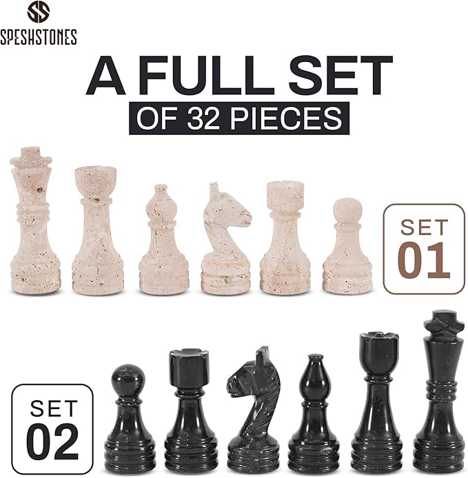 Marble Chess Pieces 3.5 Inch Travertine and Black Stone Figures for Classic Chess and Checkers Board Games Accessories, Ideal Travel Set & Strategy Play for Adults and Family