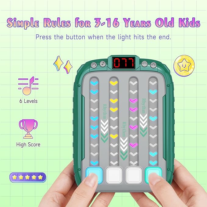 Rhythm Machine With Music and Light, Travel Handheld Puzzle Game, Fast Press Push Fidget Toy for Kids Aged 3-16 Years Old, AA Battery Operated