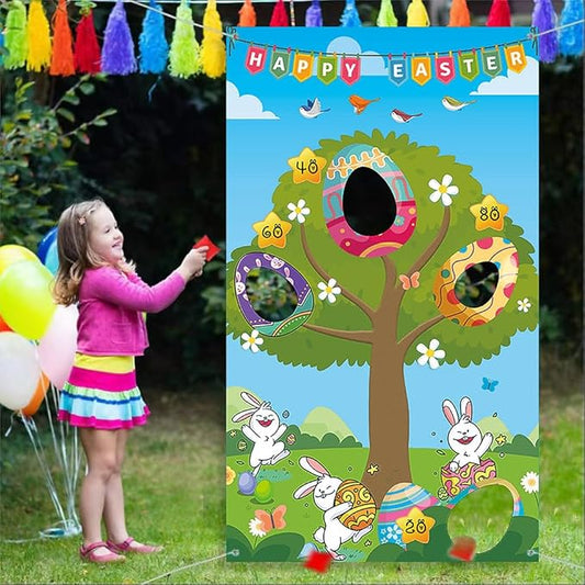 Upgraded, Easter Games, Funny Bunny Egg Toss Game, with 4 Bean Bags, Premium Banner and Accessories, Easter Party Games for Kids Adults Family Outdoor, Party Activities Supplies