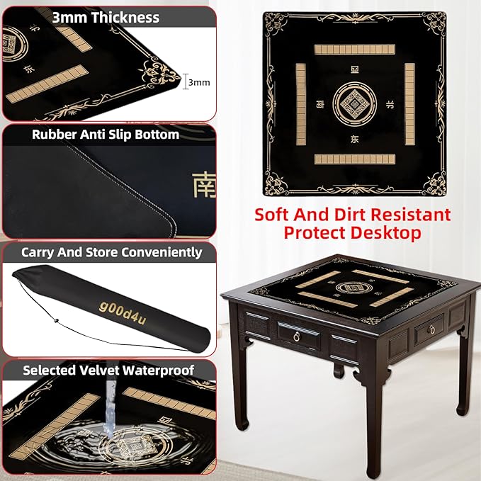 Mahjong Mat (31.4"x31.4"), 3mm Thick Noise Reducing Mahjong Table Mat, Waterproof Surface Mahjong Mat with Drawstring Storage Pouch for 32 Inch+ Mahjong Tables (Black)