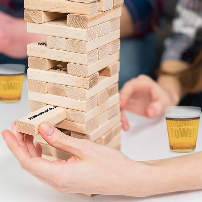 ArtCreativity Tumbling Tower Drinking Games for Adults, with 4 Glasses and 60 Wooden Blocks with Challenges, Fun House Adult Party Games for Game Night, Great Gift Idea for Everyone