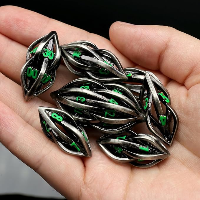 Arcanum Dungeons and Dragons Dice Hollow Metal Dice D&D Polyhedral Cool RPG Dice for Role Playing D&D Gift D20 D12 D10 D8 D6 D4 (Arcanum Green Number)