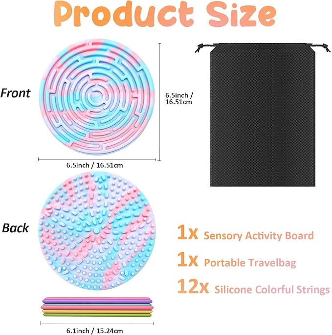 Sensory Activity Board for Kids and Adults, Double-Sided Silicone Fidgets Toys - Silent, No Mess, for Calming, Stress Anxiety, ADHD&Autism - Includes Portable Travel Bag & 12 Strings, Purple