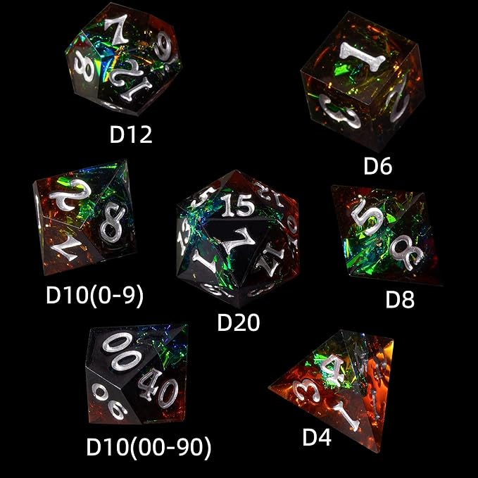 DND Dice Set Sharp Edge Galaxy Dice Handmade Resin Polyhedral Dice for Dungeon and Dragons RPG D20 Tabletop Roleplaying Party Games (Dark Brown & Green)