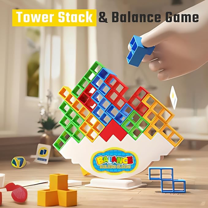 Tower Stack Game 32PCS with 22 Gameplay Cards | Balance Building Blocks for Kids & Adults | Family Party Board Games, Eco-Friendly STEM Learning Toys