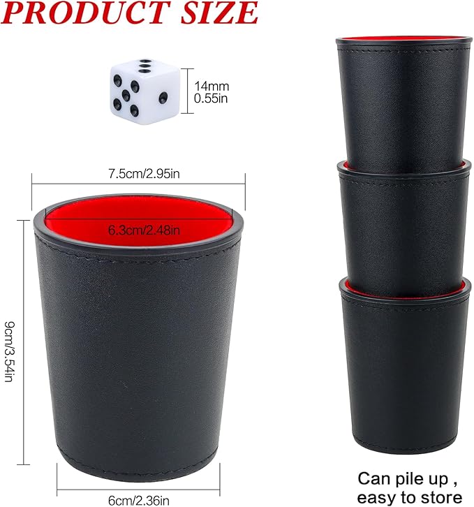 Felt-Lined PU Leather Dice Cup Set, 6 Quiet Dice Shaker Cups with 36 Dices for Bar Party Yahtzee Farkle Dice Games, Red and Black