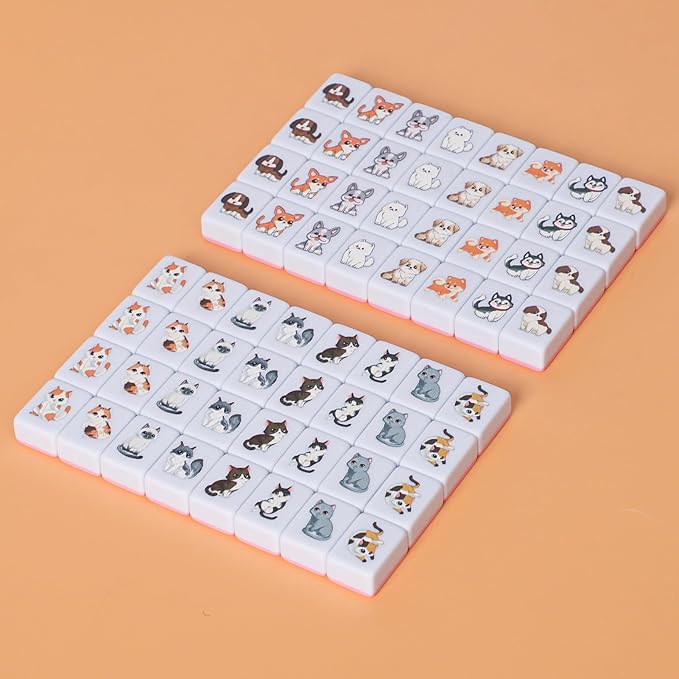 GRACIAS 4 Players Mahjong Block Set, 128 Pink Tiles(1.18”) with Animal and Food Pattern, Portable Mahjong Set with A Carry Bag, Mahjong Tile Game