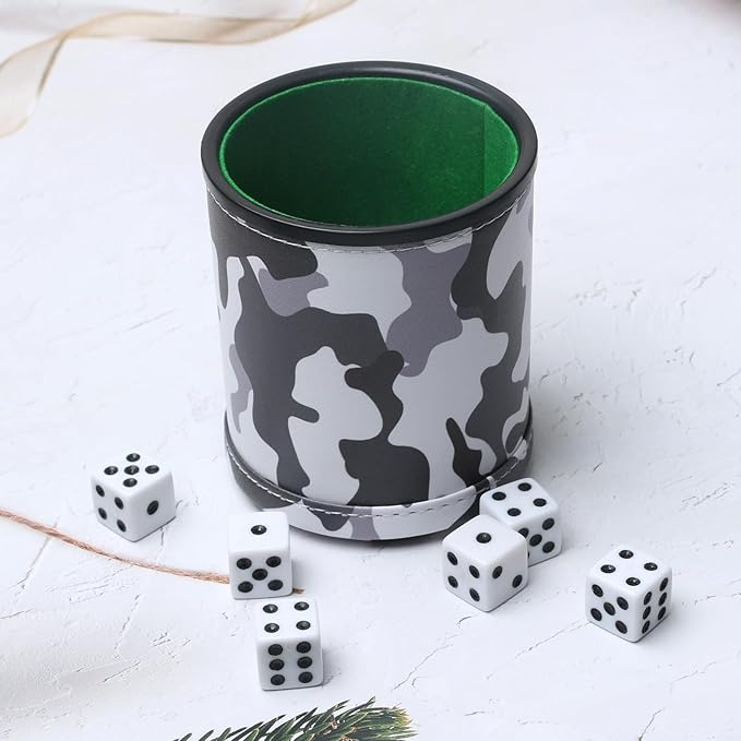 PU Leather Dice Cup Set, Felt Lined Camouflage Dice Shaker with 6 Dice for Liars Farkle Yahtzee Game