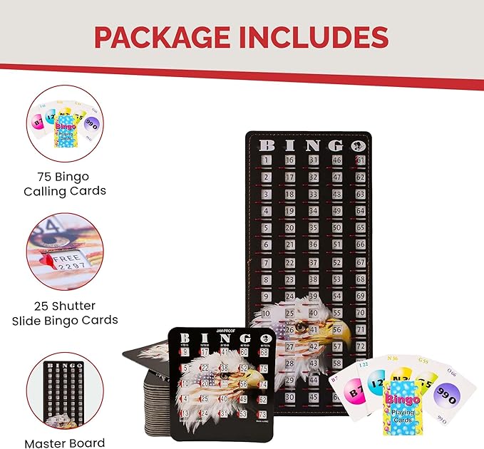MR CHIPS Jam-Proof Bingo Cards with Sliding Windows, 25 Reusable Shutter Cards, 75 Calling Cards 1 Master Board in Star and Strips Style