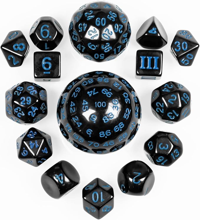 15 Pieces Complete Polyhedral DND Dice Set D3-D100 Spherical D&D Dice Set with Dragon Eye Dice Bag, D100 Dice for Dungeons and Dragons, RPG, MTG Table Games(Black w/Blue Numbers)