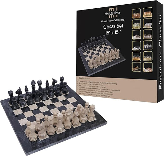 15 Inch Luxury Chess Set Classic Chess Boards for Adults with Handcrafted Stone Board & Marble Chess Pieces Ideal for Home Decor (Black & Virona)