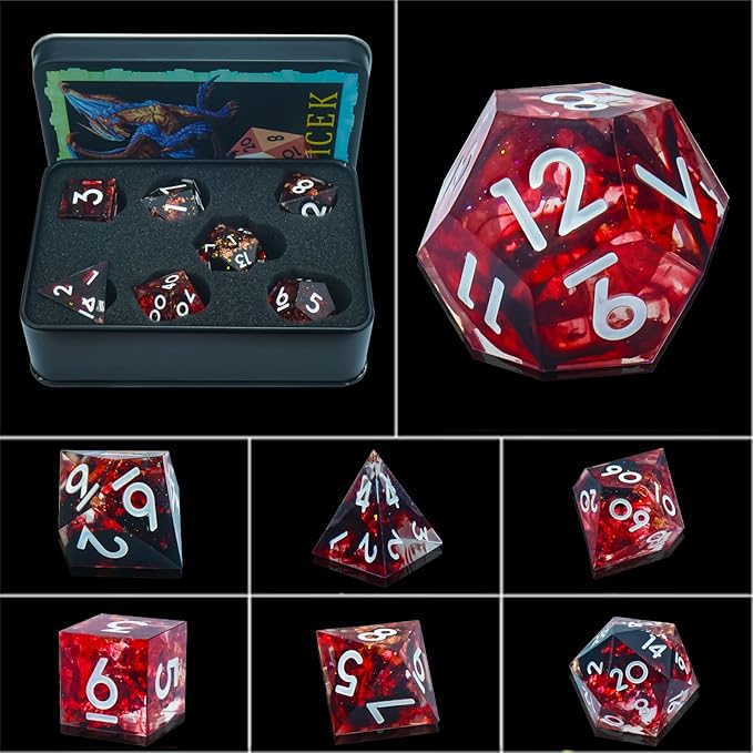 DND Dice Set Sharp Edge Dice Set 7 Piece DND polyhedral Dice Numbers with Gold Leaf Exquisite Tin Box Packaging,Ideal for Dungeons & Dragons RPG and Board Games (2L-MOY9-13Y9)