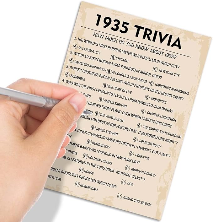 QUPT 90th Birthday Party Games, 1935 Trivia Games, Birthday Party Supplies for Adults, Fun 1935s Party Game，Pack of 30 Cards
