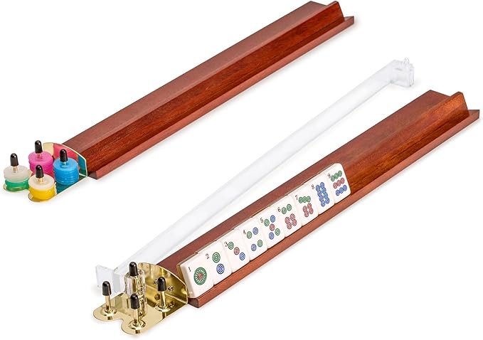 Yellow Mountain Imports American Mahjong Set, Golden Fortune with 166 Acrylic Mahjong Tiles, Inlaid Wooden Case, Racks and Other Accessories