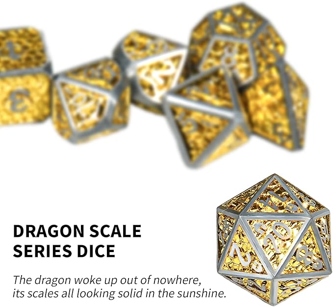 Metal DND Dice Set,Colorful Dragon Scales DND Dice 7-Pcs Metal Polyhedral Dice Set for Dungeons and Dragons RPG MTG Table Games(Silver-Gold)