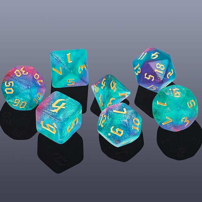 DND Polyhedral Dice Set with a Black Dice Bag for D&D RPG MTG Role Playing Table Games RPG Polyhedral Dice for Dungeon and Dragons Playing Games 7-Die Set (Green&Purple+Nebula Dice)