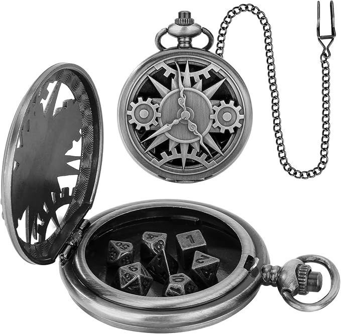 Mini DND Dice Set with Steampunk Hollow Pocket Watch Shell Case, 7pcs Polyhedral Metal D&D Dice Set, DND Gifts with Gift Box, Role Playing Board Games Accessories, Dark Silver