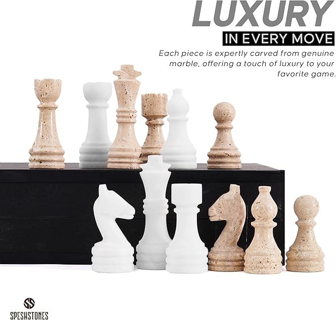 Marble Chess Set 15'' Inches Travertine and White Chess Board Games for Adults, Chess Pieces and Checkers Family Games, Travel Chess Set with 2 Extra Queens and Storage Box