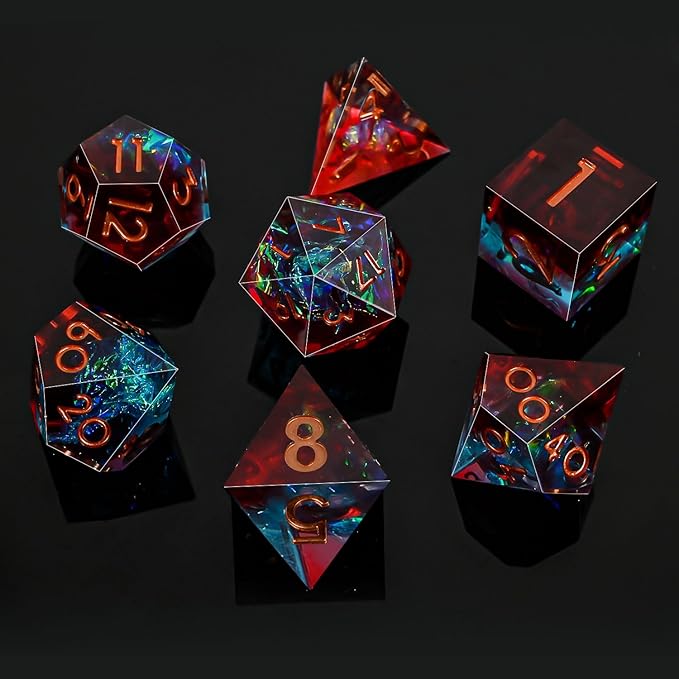 DND Dice Set Sharp Edge Dice Set 7 Piece DND polyhedral Dice Numbers with Gold Leaf Exquisite Tin Box Packaging,Ideal for Dungeons & Dragons RPG and Board Games (Red and Blue)