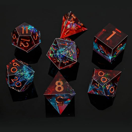 DND Dice Set Sharp Edge Dice Set 7 Piece DND polyhedral Dice Numbers with Gold Leaf Exquisite Tin Box Packaging,Ideal for Dungeons & Dragons RPG and Board Games (Red and Blue)