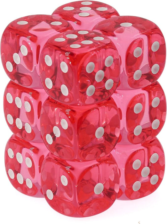 Chessex Polyhedral Translucent 12-Die Set, 16mm 6D Pink/White Dice for Dungeons and Dragons (DND), Role Playing Games, MTG, Pathfinder, Table Game, Board Games