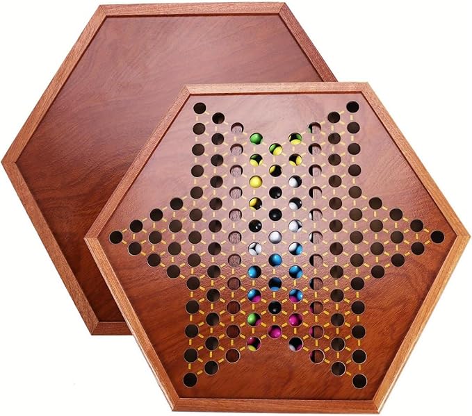 Chinese Checkers Board Game – 13.7" Large Wooden Set with 60 Colorful Acrylic Marbles + 30 Spares – Classic Family Strategy Game for Adults
