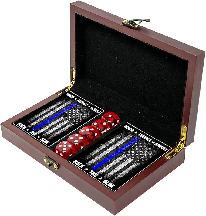 Military Gift Shop Police Officer Playing Cards & Dice in Wooden Keepsake Box - Thin Blue Line Flag - Police Officer Gifts | Police Card Set