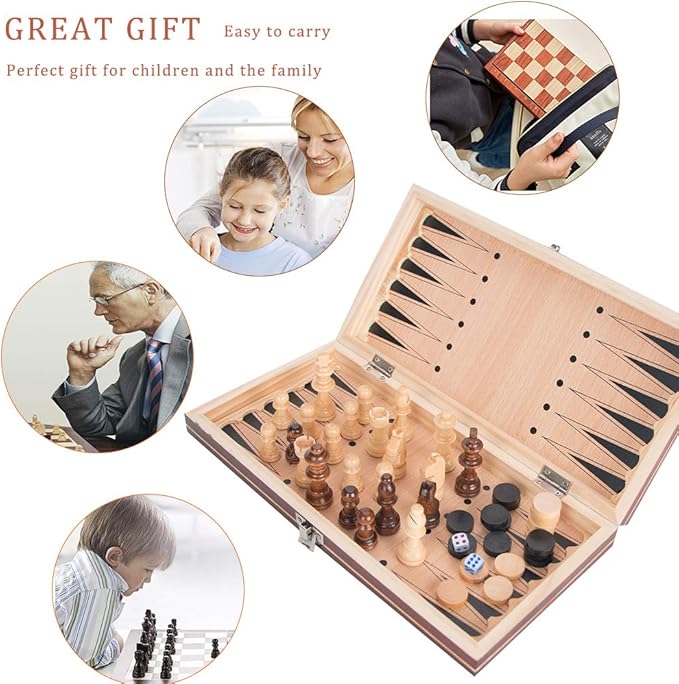 3-in-1 Chess Set Include Chess Checkers Backgammon 11 inch Wooden Board Game Set with Foldable Portable Case for Adults Travel Outdoor