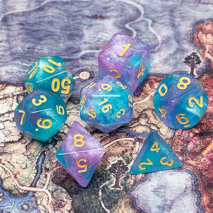 DND Dice Set with Dragon Totem Metal Gife Case, Dungeons and Dragons Dice Set,Polyhedral Dice Set Filled with Shiny Glitters,Role Playing Games and Tabletop Games (Blue&Pink)