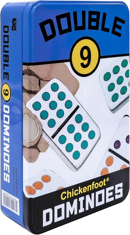 Front Porch Classics, Double 9 Colored Dot Dominoes Travel Tin Set, 2 to 8 Players Ages 8 to 99