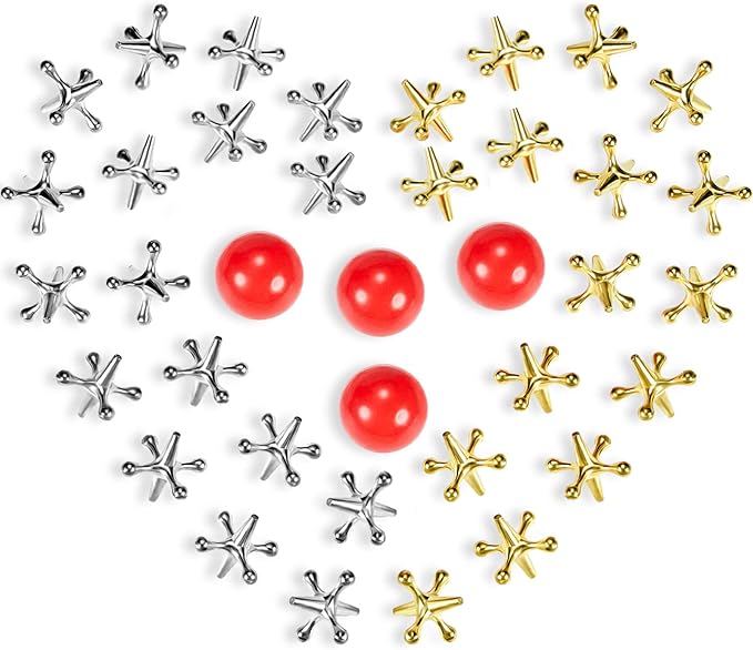4 Set Vintage Metal Jacks and Ball Toys Kit Retro Jax Game Classic Board Games Include 40 Pieces Metal Jacks and 4 Pieces Red Rubber Balls with Bag for Kids Adults Family Holiday Party Favor