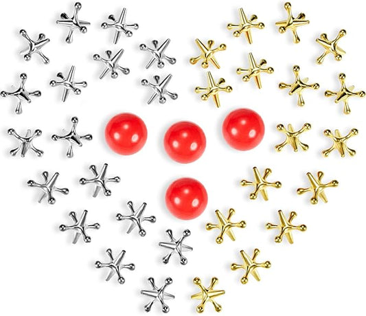 4 Set Vintage Metal Jacks and Ball Toys Kit Retro Jax Game Classic Board Games Include 40 Pieces Metal Jacks and 4 Pieces Red Rubber Balls with Bag for Kids Adults Family Holiday Party Favor