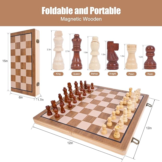 15 Inches Magnetic Wooden Chess Set - 2 Extra Queens - Folding Board - Pieces Storage Slots, 2in1 Chess & Checkers, Beginner Chess Game for Kids & Adults - Large&Portable Wooden Chess Board