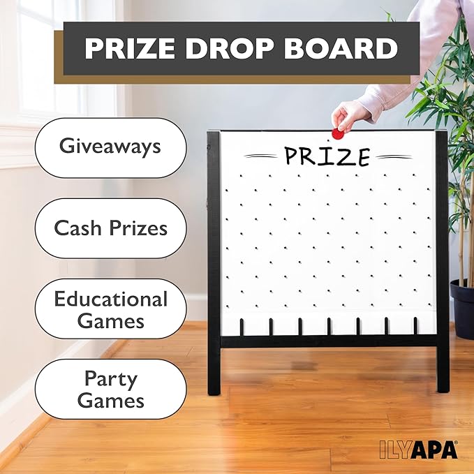 lyapa Large Portable Prize Drop Game - 41x27.5 Inch Double Sided Penny Drop Game for Events and Trade Show - Includes 16 Coin Drop, Wooden A-Frame Whiteboard Sign, Eraser & Token Storage Tote