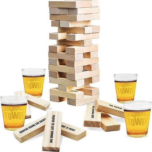 ArtCreativity Tumbling Tower Drinking Games for Adults, with 4 Glasses and 60 Wooden Blocks with Challenges, Fun House Adult Party Games for Game Night, Great Gift Idea for Everyone