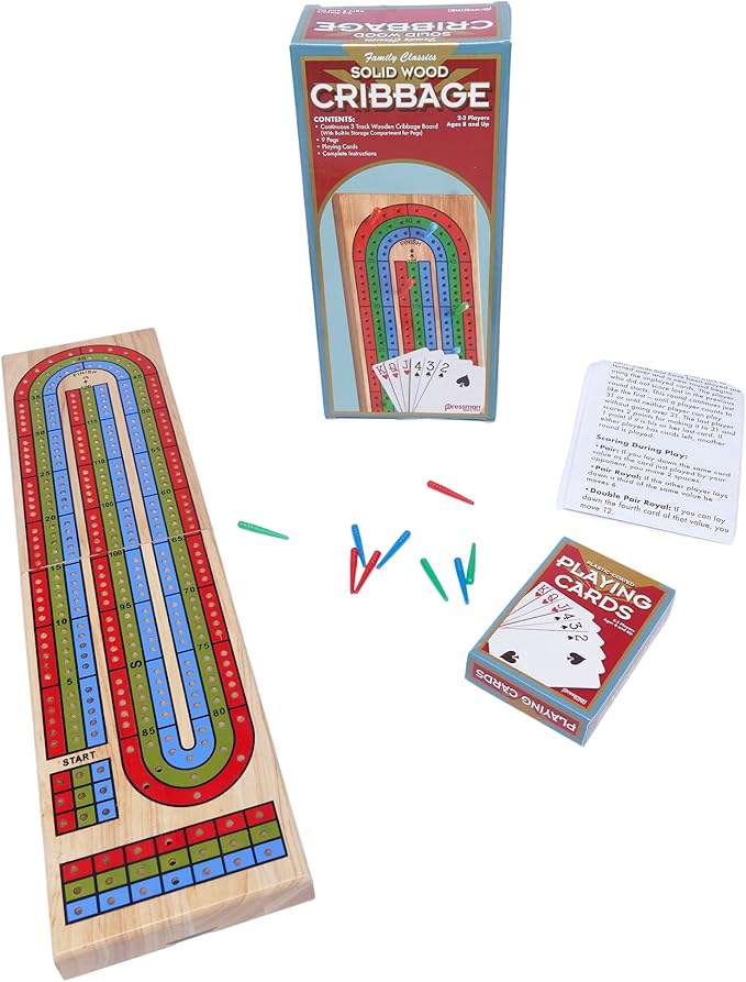 Family Classics Cribbage - Solid Wood Continuous 3 Track Board with Built-In Storage Compartment for Pegs