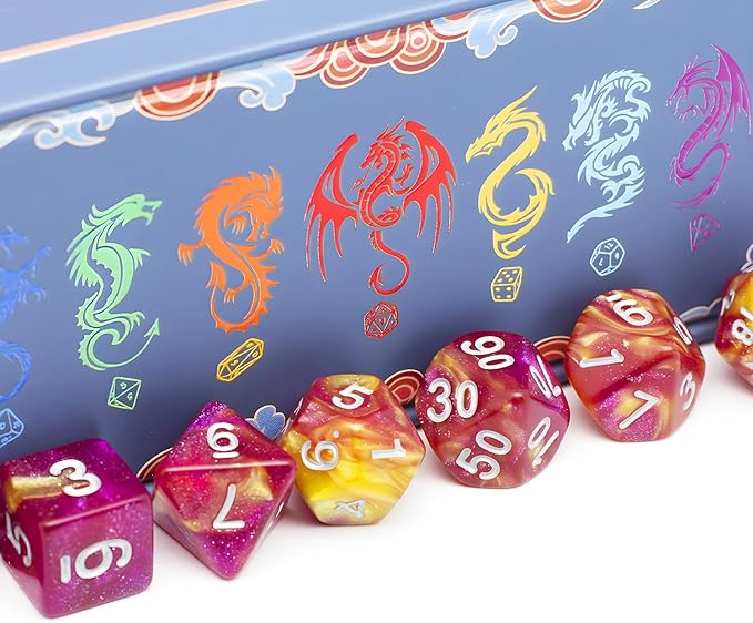 DND Dice Set with Dragon Totem Metal Gife Case, Dungeons and Dragons Dice Set,Polyhedral Dice Set Filled with Shiny Glitters,Role Playing Games and Tabletop Games (Pink&Yellow)