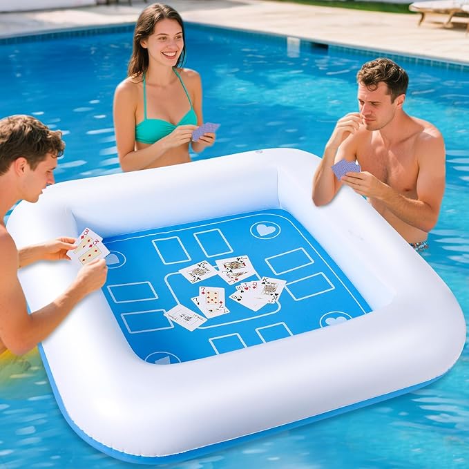Pool Inflatable Game Table with Waterproof Playing Cards(35.5 inches×35.5 inches,Blue/White)