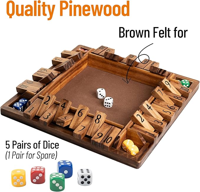 Wooden 1-4 Player Shut The Box Game Classic Dice Board Game for Kid & Adult