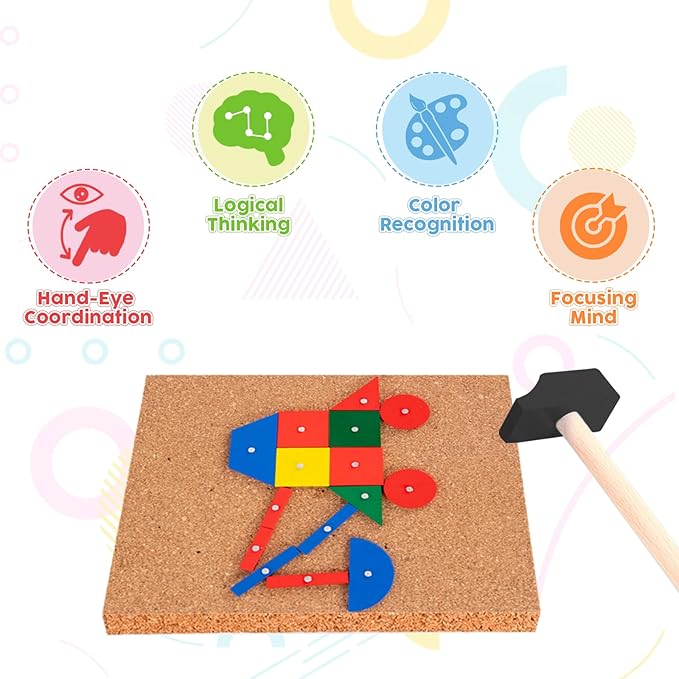 Adena Montessori Hammer and Nail Toys Wooden Pegboard Puzzle for 4-6 Year Olds